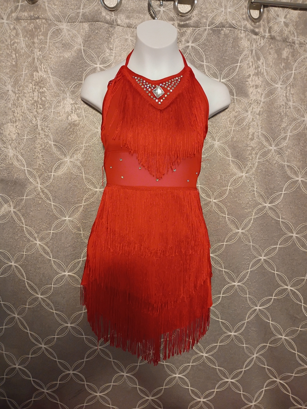 Red Fringe Halter Mini Dress with Rhinestone Accent